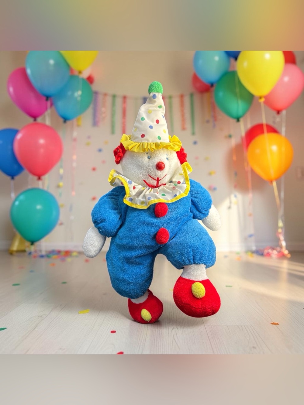 Vintage Eden Toys Terry Cloth Clown Doll Plush Stuffed Animal Polka Dot Blue Red